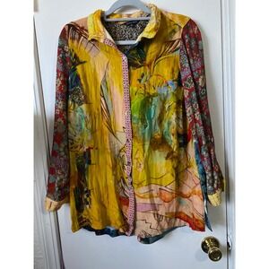 John Mark Mixed Print Abstract Floral Button Front Shirt Yellow Blue Womens S